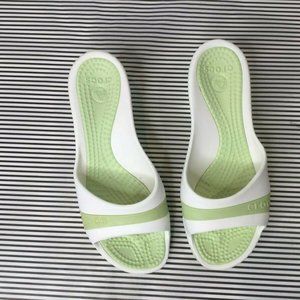 Crocs Women's White and Green Slide Sandals